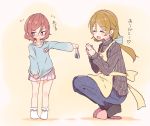 2girls age_difference alternate_hair_length alternate_hairstyle apron blush bow brown_hair closed_eyes commentary denim flying_sweatdrops food hair_bow hands_together jeans kindergarten_uniform koizumi_hanayo long_sleeves love_live! love_live!_school_idol_project low_ponytail multiple_girls name_tag nishikino_maki older onigiri origami pants popii_(yuuta679) redhead ribbed_sweater shirt_tug slippers socks squatting sweater time_paradox translated violet_eyes younger 