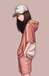  1girl baseball_cap brown_hair closed_mouth from_side hands_in_pockets hat highres hood hoodie jungon_kim long_hair looking_at_viewer original pink_background pink_shorts shorts simple_background solo white_hat 