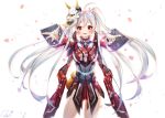  1girl blush eyebrows_visible_through_hair long_hair looking_at_viewer mask mask_on_head mecha_musume open_mouth original phantasy_star_online phantasy_star_online_2 red_eyes robot_joints silver_hair smile snow_is solo teeth twintails 