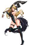  1girl animal_ears axe battle_axe blonde_hair boots breasts bridal_gauntlets brown_eyes chains character_request cleavage earrings eyepatch fake_animal_ears full_body gang_of_heaven holding holding_weapon jewelry leg_up leotard long_hair looking_at_viewer masami_chie official_art rabbit_ears smile solo thigh-highs thigh_boots transparent_background weapon 