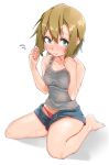  1girl :&gt; apple_(artist) barefoot blush breasts brown_hair flying_sweatdrops folded_leg full_body green_eyes hair_between_eyes highres idolmaster idolmaster_cinderella_girls medium_breasts open_fly panties pink_panties short_hair short_shorts shorts sitting striped striped_panties sweat tada_riina tank_top underwear wariza 