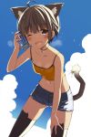  1girl :d ;d ahoge animal_ears bangs bare_arms bare_shoulders black_legwear blue_shorts blue_sky blush breasts brown_eyes brown_hair buttons can can_to_cheek cat_band_legwear cat_ears cat_tail cleavage clouds collarbone cowboy_shot cutoffs day denim denim_shorts eyebrows_visible_through_hair fang glint holding jewelry legs_apart midriff navel necklace one_eye_closed oota_yuuichi open_mouth original outdoors pendant ribbon short_hair short_shorts shorts sky sleeveless small_breasts smile soda_can solo spaghetti_strap standing stomach sweat tail tail_ribbon tareme thigh-highs white_ribbon 