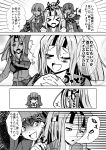  &gt;_&lt; absurdres alternate_breast_size blush_stickers character_request clenched_hands closed_eyes comic hachimaki headband heart highres imagining kantai_collection kuroyaki_soba magatama monochrome muneate open_mouth ponytail ryuujou_(kantai_collection) school_uniform smile suzuya_(kantai_collection) translation_request twintails visor_cap zuihou_(kantai_collection) 