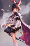  1girl armband arrow bow bow_(weapon) brown_eyes brown_hair cape commentary_request facial_tattoo hairband highres looking_at_viewer nekoremon red_bow ribbon short_hair skirt solo tattoo terra_battle weapon white_legwear yukken_(terra_battle) 