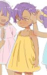  1boy 3girls blush brother_and_sister bullying child crossdressinging dark_skin dress ensemble_stars! hair_brush jolaeng-i multiple_girls otogari_adonis otogari_adonis&#039;s_sisters purple_hair short_hair siblings sisters yellow_eyes younger 