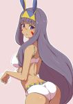  1girl animal_ears arched_back ass bra breasts clearite cowboy_shot eyebrows_visible_through_hair facial_mark fake_animal_ears fate/grand_order fate_(series) from_behind hair_between_eyes hairband long_hair looking_at_viewer looking_back medium_breasts nitocris_(fate/grand_order) panties parted_lips pink_background purple_hair sidelocks simple_background solo underwear underwear_only very_long_hair violet_eyes white_bra white_panties 