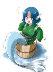  1girl blue_eyes blue_hair blush breasts bucket drill_hair green_kimono head_fins in_bucket in_container japanese_clothes kimono kousei_(public_planet) large_breasts mermaid monster_girl obi open_mouth sash shaded_face short_kimono solo stuck touhou wakasagihime 