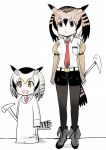 2girls :d belt black_boots black_hair black_legwear black_shorts blonde_hair boots breast_pocket breasts brown_eyes brown_hair collared_shirt cosplay eurasian_eagle_owl_(kemono_friends) eyebrows_visible_through_hair full_body grey_hair hair_between_eyes head_wings height_difference kemono_friends labcoat makise_kurisu makise_kurisu_(cosplay) medium_breasts multicolored_hair multiple_girls necktie nichijou northern_white-faced_owl_(kemono_friends) open_mouth oversized_clothes pantyhose parted_lips pocket professor_shinonome professor_shinonome_(cosplay) red_necktie shirt shorts simple_background smile standing steins;gate tail_feathers white_background white_hair white_shirt wing_collar y.ssanoha 