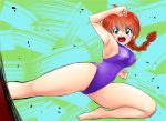  1girl absurdres barefoot blue_eyes braid competition_swimsuit genderswap genderswap_(mtf) green_background highleg highleg_swimsuit highres kicking nanao_futaba one-piece_swimsuit open_mouth purple_swimsuit ranma-chan ranma_1/2 redhead saotome_ranma single_braid solo swimsuit 