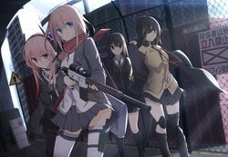  4girls ar-15 assault_rifle bangs black_gloves black_legwear black_skirt blonde_hair blue_eyes blush cardigan chain-link_fence cosplay day eyebrows_visible_through_hair eyepatch fence fisheye girls_frontline gloves green_hair gun hair_between_eyes hairband highlights highres holding holding_gun holding_weapon holster idolmaster idolmaster_cinderella_girls jacket kneehighs knife light_smile long_hair long_sleeves looking_at_viewer m16a1_(girls_frontline) m4_sopmod_ii_(girls_frontline) m4a1_(girls_frontline) mag_(mag42) mismatched_legwear multicolored_hair multiple_girls open_clothes open_jacket outdoors pantyhose parted_lips pink_hair pleated_skirt red_eyes red_scarf rifle scarf sheath sheathed shibuya_rin shibuya_rin_(cosplay) single_kneehigh single_thighhigh skirt st_ar-15_(girls_frontline) standing streaked_hair suppressor thigh-highs thigh_holster trigger_discipline weapon white_legwear 