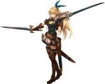  1girl belt blonde_hair blue_eyes breasts cleavage cryptract dual_wielding gloves holding holding_sword holding_weapon long_hair medium_breasts official_art sasha sheath simple_background skirt smile solo sword weapon white_background 