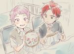  2boys bandaid child embroidery embroidery_hoop ensemble_stars! green_eyes itsuki_shu jolaeng-i kiryuu_kurou male_focus multicolored_hair multiple_boys needle pink_hair redhead sewing_needle short_hair sitting smile sweater_vest violet_eyes younger 