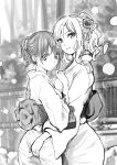  2girls bangs closed_mouth greyscale hand_on_another&#039;s_ass hand_on_ass hand_up japanese_clothes kimono long_hair looking_at_viewer looking_back monochrome multiple_girls obi original outdoors parted_lips ponytail pursed_lips sash sidelocks smile upper_body wavy_hair yoropa 