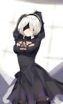  arms_up black_gloves black_legwear blindfold breasts cleavage dress gloves hairband high_heels highres leotard mole mole_under_mouth multicolored multicolored_clothes multicolored_gloves nier_(series) nier_automata open-back_dress short_hair skindentation skirt sunlight thigh-highs thighs white_gloves white_hair wujia_xiaozi yorha_no._2_type_b 