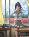  1girl aqua_neckerchief arms_at_sides blue_hair blurry breasts classroom clouds cloudy_sky curtains depth_of_field desk grey_skirt high_ponytail highres k_ryo large_breasts long_hair looking_at_viewer love_live! love_live!_sunshine!! matsuura_kanan neckerchief pleated_skirt ponytail school_desk school_uniform serafuku shirt short_sleeves skirt sky smile solo standing thigh_gap tie_clip violet_eyes wallet white_shirt window 