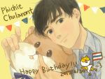  1boy 2017 black_hair bow character_name dated grey_eyes happy_birthday male_focus necktie nita_(msre27) phichit_chulanont smile string_of_flags stuffed_animal stuffed_hamster stuffed_toy upper_body yuri!!!_on_ice 