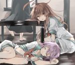  2girls ahoge brown_eyes brown_hair chibirisu closed_eyes commentary_request fang head_on_table head_rest indoors kantai_collection kuma_(kantai_collection) long_hair lying multiple_girls neckerchief on_floor on_side open_mouth purple_hair red_neckerchief school_uniform short_hair shorts sitting table tama_(kantai_collection) translation_request twitter_username 