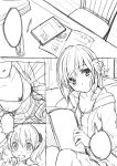  2girls 3: bangs blush book carrot_hair_ornament chair close-up closed_mouth collarbone comic d: eyebrows_visible_through_hair food_themed_hair_ornament hair_bobbles hair_ornament holding holding_book hood hoodie multiple_girls open_clothes open_hoodie open_mouth original pencil sketch sketchbook speech_bubble twintails yoropa 