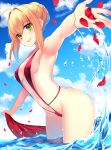  1girl aestus_estus ahoge armpits bare_arms bare_shoulders blonde_hair breasts cowboy_shot day fate/extra fate_(series) from_side gendo0032 green_eyes groin hair_bun large_breasts leaning_forward looking_at_viewer outdoors outstretched_arm partially_submerged petals red_swimsuit revealing_clothes saber_extra sideboob sidelocks sky sling_bikini standing standing_on_liquid swimsuit thighs wading 