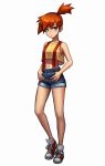  1girl :o blue_eyes blue_shorts breasts contrapposto crop_top crop_top_overhang denim denim_shorts highres jungon_kim kasumi_(pokemon) looking_to_the_side medium_breasts midriff navel orange_hair pokemon pokemon_(anime) pokemon_(game) ponytail shiny shiny_hair shiny_skin shoes shorts simple_background sneakers solo standing standing_on_one_leg stomach suspenders thumbs_in_pockets white_background yellow_crop_top 