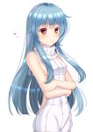  1girl :o absurdres alternate_costume backless_outfit bangs bare_arms bare_shoulders binan_xian_lu blue_hair blunt_bangs breasts commentary_request covered_navel cowboy_shot hand_on_own_arm heart highres hinanawi_tenshi long_hair meme_attire no_bra no_hat no_headwear open_mouth red_eyes reflective_eyes shiny shiny_hair shiny_skin sideboob sidelocks simple_background sleeveless sleeveless_turtleneck small_breasts solo standing sweater tareme touhou turtleneck turtleneck_sweater very_long_hair virgin_killer_sweater white_background white_sweater 