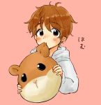  1boy biting brown_eyes brown_hair eyebrows_visible_through_hair freckles hood hoodie ji_guang-hong male_focus oimo_mushi stuffed_animal stuffed_hamster stuffed_toy yuri!!!_on_ice 