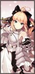  1girl armor armored_dress blonde_hair blush bow emil_(dnjsrl63) eyebrows_visible_through_hair fate/stay_night fate/unlimited_codes fate_(series) gloves green_eyes hair_bow highres holding holding_sword holding_weapon looking_at_viewer outstretched_arm saber saber_lily short_hair smile solo sword weapon 
