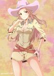  1girl bare_legs belt bracelet breasts brown_eyes cleavage commentary_request cowboy_hat cowboy_shot hamakawa_ayuna hand_on_hip hat idolmaster idolmaster_cinderella_girls jewelry long_hair medium_breasts necklace numahito pink_hair solo 