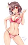  1girl alternate_costume bikini black_hair breasts collarbone dated franz_(217franz) gluteal_fold hair_between_eyes hair_ornament hand_on_hip highres jewelry kantai_collection large_breasts looking_at_viewer navel necklace pink_bikini red_eyes short_hair simple_background skindentation solo swimsuit tongue tongue_out twitter_username upper_body white_background yamashiro_(kantai_collection) 