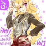  1girl black_shirt blonde_hair commentary english formal musukichi one_eye_closed pants polka_dot polka_dot_background red_pants rwby shirt solo suit suspenders vest violet_eyes yang_xiao_long 