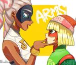  2girls arms_(game) bangs beanie blonde_hair chinese_clothes dark_skin drill_hair green_eyes hat kuruto. long_hair mask min_min_(arms) multiple_girls nail_polish short_hair smile twin_drills twintelle_(arms) white_hair 