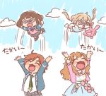  1boy 3girls @_@ anzu_(ensemble_stars!) blazer blonde_hair brown_hair closed_eyes crossover ensemble_stars! futaba_anzu idolmaster idolmaster_cinderella_girls jacket jolaeng-i long_hair low_twintails mikejima_madara moroboshi_kirari multiple_girls namesake necktie pants plaid plaid_pants plaid_skirt school_uniform shirt short_hair skirt smile stuffed_animal stuffed_bunny stuffed_toy t-shirt trait_connection twintails 