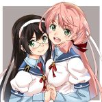  2girls akashi_(kantai_collection) black_hair blush breasts commentary_request glasses green_hair hairband hand_holding headband interlocked_fingers jpeg_artifacts kantai_collection long_hair medium_breasts multiple_girls ooyodo_(kantai_collection) open_mouth pink_hair school_uniform serafuku shinozuka_atsuto simple_background 