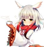  1girl bangs blunt_bangs commentary_request cup gloves head_wings holding holding_cup japanese_crested_ibis_(kemono_friends) kemono_friends long_hair long_sleeves looking_at_viewer multicolored_hair nachiru open_mouth red_legwear shirt simple_background solo steam tail teacup upper_body white_background white_hair white_shirt yellow_eyes 