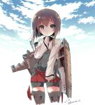  1girl bike_shorts brown_eyes brown_hair clouds commentary_request dated flat_chest headband headgear kamishiki kantai_collection looking_at_viewer red_skirt short_hair skirt solo taihou_(kantai_collection) thigh-highs twitter_username 