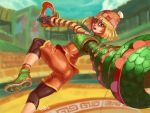  1girl arms_(game) bangs beanie bike_shorts blonde_hair boxing_gloves chinese_clothes dragon facepaint food green_eyes hat kikino looking_at_viewer mask min_min_(arms) noodles open_mouth short_hair shorts solo 
