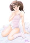 1girl bed blush bow bow_panties breasts brown_eyes brown_hair camisole dated hiyama_izumi_(wttdh) kantai_collection open_mouth panties ryuujou_(kantai_collection) signature sitting small_breasts socks solo twintails undershirt underwear underwear_only wariza white_panties 