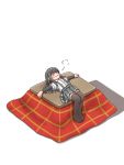  1girl arm_warmers asashio_(kantai_collection) black_hair blue_eyes boots comiching full_body kantai_collection kotatsu lying on_back pleated_skirt pout school_uniform skirt solo suspenders table thigh-highs thigh_boots zettai_ryouiki 
