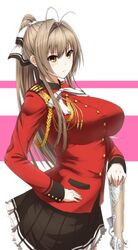  1girl amagi_brilliant_park antenna_hair black_skirt bow breasts brown_hair commentary_request gun hair_bow hand_on_hip holding holding_gun holding_weapon large_breasts long_hair military military_uniform minami_koyogi pleated_skirt ponytail rifle sento_isuzu skirt solo uniform weapon 