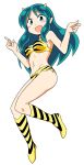 1girl animal_print bikini blue_eyes boots eyeshadow full_body green_hair horns long_hair looking_at_viewer lum makeup navel oni open_mouth pointy_ears simple_background solo swimsuit tiger_print urusei_yatsura white_background 