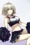  1girl alternate_costume bare_shoulders blonde_hair blue_background breasts cheerleader fate/grand_order fate_(series) groin jeanne_alter large_breasts midriff navel pom_poms ruler_(fate/apocrypha) short_hair skirt solo somechime_(sometime1209) twitter_username yellow_eyes 