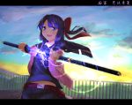 1girl bangs belt black_hair blue_eyes bow cardigan commentary_request flat_chest glowing glowing_sword glowing_weapon hair_bow kuroboshi_mozuku long_hair looking_at_viewer open_cardigan open_clothes pleated_skirt red_bow rooftop scabbard school_uniform sheath skirt solo sunset touran-sai unsheathing weapon 
