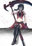  1girl anonamos bare_shoulders black_hair blue_eyes boots highres jacket looking_at_viewer ruby_rose rwby scythe short_hair sitting smile thigh-highs weapon 