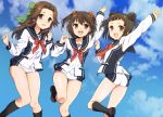  3girls :d alternate_costume antenna_hair arm_up ass bangs black_legwear blue_sky bow bowtie brown_eyes brown_hair brown_shoes clouds collarbone cosplay day double_bun eyebrows_visible_through_hair foreshortening green_bow hair_bow hair_ornament hair_scrunchie jintsuu_(kantai_collection) jumping kantai_collection kneehighs loafers long_hair long_sleeves looking_back multiple_girls naka_(kantai_collection) open_mouth outdoors plum_(arch) pocket red_bow red_bowtie round_teeth sailor_collar sakura_ayane scrunchie seiyuu_connection sendai_(kantai_collection) shirt shoes short_hair short_shorts shorts sidelocks sky smile sparkling_eyes tareme teeth thigh_gap thighs twisted_torso two_side_up vividred_operation white_shirt white_shorts 