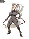  1girl animal_ears bodysuit breasts covered_navel full_body furrowed_eyebrows green_eyes hairband high_heels holding holding_weapon kerberos_blade large_breasts logo long_hair official_art ponytail ryoji_(nomura_ryouji) simple_background skin_tight solo tail weapon white_background white_hair 