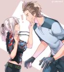  1boy 1girl aranea_highwind blue_eyes brown_hair casual final_fantasy final_fantasy_xv glasses glasses_removed gloves green_eyes hand_on_another&#039;s_face ignis_scientia silver_hair spiky_hair warable 