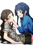  2girls absurdres ayano_yuu_(sonma_1426) black_hair blue_eyes breasts brown_eyes brown_hair commentary_request eye_contact hand_on_another&#039;s_cheek hand_on_another&#039;s_face highres idolmaster idolmaster_million_live! implied_yuri kitazawa_shiho long_hair looking_at_another medium_breasts mogami_shizuka multiple_girls open_mouth shirt skirt striped striped_shirt 