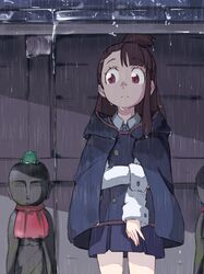  1girl asymmetrical_bangs bangs brown_hair cloak closed_eyes closed_mouth collared_shirt cowboy_shot expressionless frog frown highres jizou kagari_atsuko little_witch_academia long_hair necktie pleated_skirt rain red_eyes school_uniform shirt skirt standing statue tei-o wet wet_clothes white_shirt wing_collar 