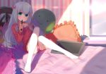  1girl bed blue_eyes blue_hair blush bow eromanga_sensei eyebrows_visible_through_hair feet hair_bow highres izumi_sagiri long_hair looking_at_viewer no_shoes on_bed pajamas panties pillow pink_bow pink_panties rokuroku_(xd_p) side-tie_panties sitting solo stuffed_animal stuffed_octopus stuffed_toy stylus tablet_pc thigh-highs underwear white_legwear 