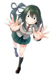 1girl asui_tsuyu black_eyes blush_stickers boku_no_hero_academia closed_mouth frog_girl full_body green_hair highres ishima_yuu long_hair looking_at_viewer necktie outstretched_hand pleated_skirt red_necktie school_uniform simple_background skirt smile solo white_background 